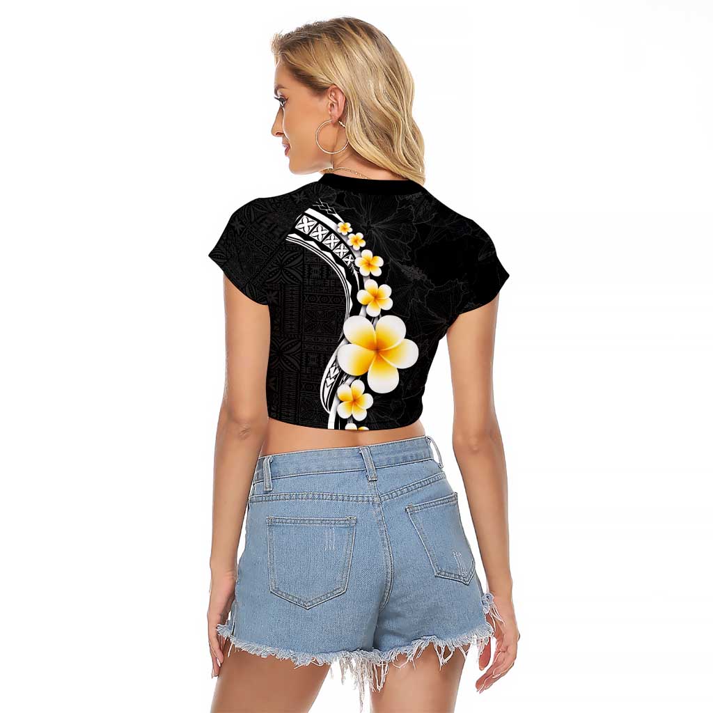Pacific Hibiscus and Plumeria with Tapa Pattern Raglan Cropped T Shirt Black Color