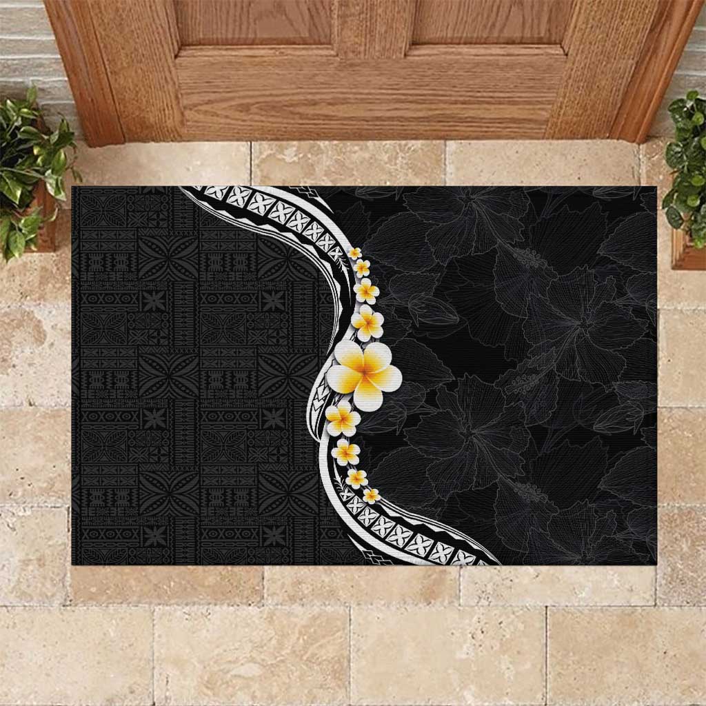 Pacific Hibiscus and Plumeria with Tapa Pattern Rubber Doormat Black Color