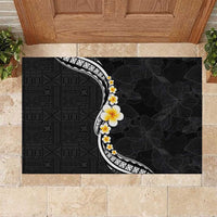 Pacific Hibiscus and Plumeria with Tapa Pattern Rubber Doormat Black Color