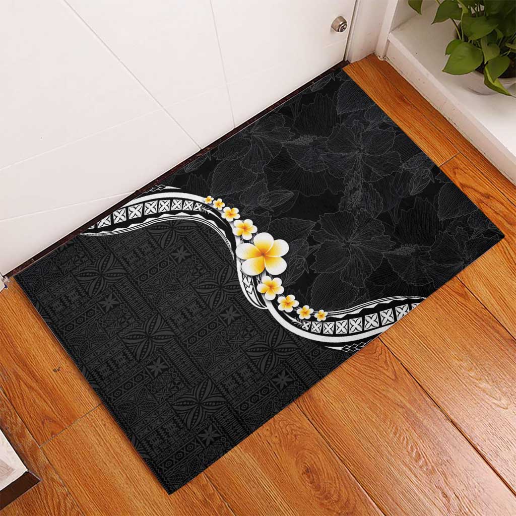 Pacific Hibiscus and Plumeria with Tapa Pattern Rubber Doormat Black Color