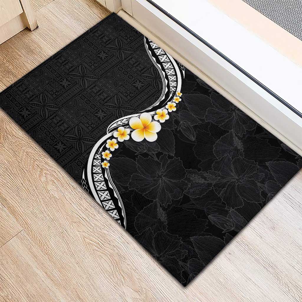 Pacific Hibiscus and Plumeria with Tapa Pattern Rubber Doormat Black Color