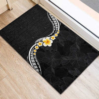 Pacific Hibiscus and Plumeria with Tapa Pattern Rubber Doormat Black Color