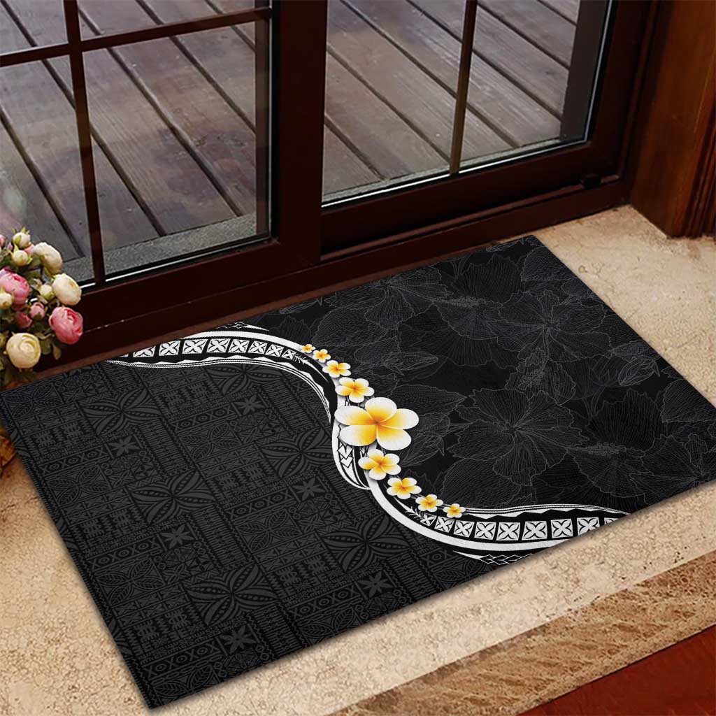 Pacific Hibiscus and Plumeria with Tapa Pattern Rubber Doormat Black Color