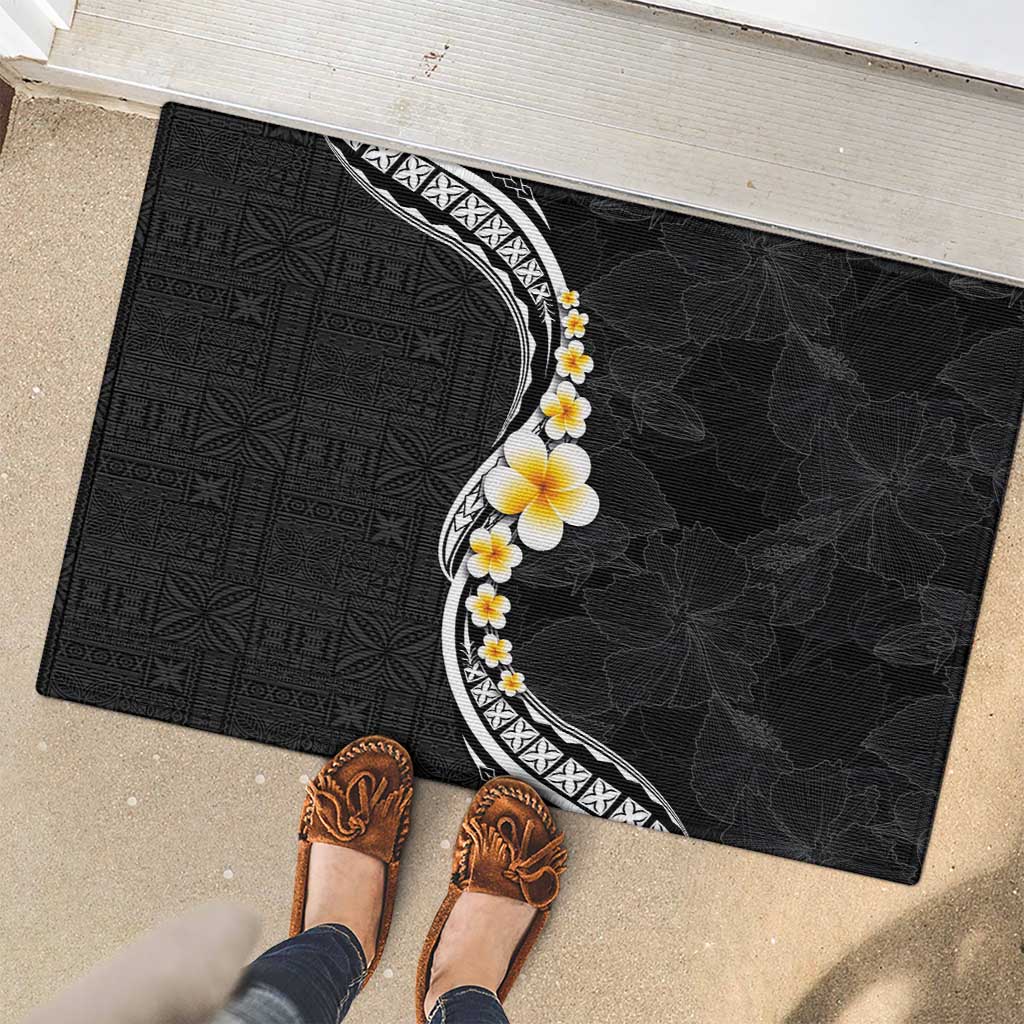 Pacific Hibiscus and Plumeria with Tapa Pattern Rubber Doormat Black Color