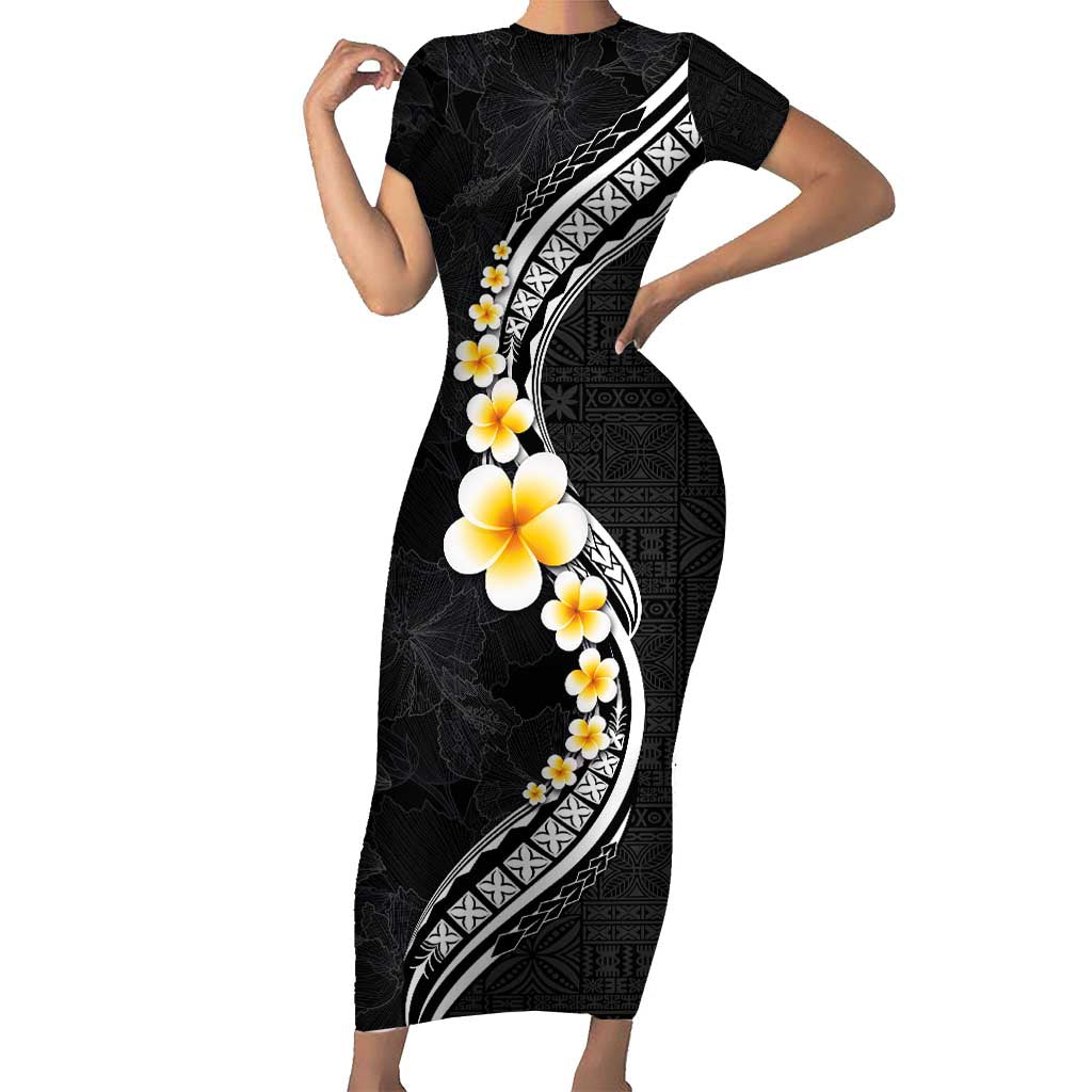 Pacific Hibiscus and Plumeria with Tapa Pattern Short Sleeve Bodycon Dress Black Color