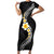 Pacific Hibiscus and Plumeria with Tapa Pattern Short Sleeve Bodycon Dress Black Color