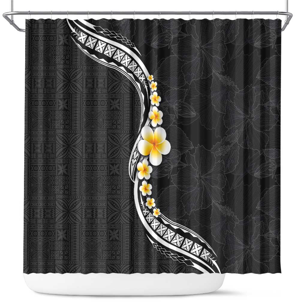 Pacific Hibiscus and Plumeria with Tapa Pattern Shower Curtain Black Color