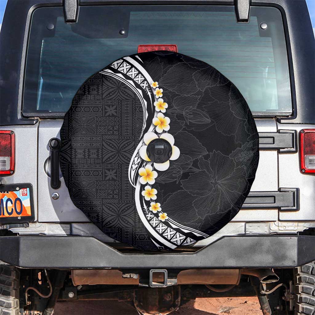 Pacific Hibiscus and Plumeria with Tapa Pattern Spare Tire Cover Black Color