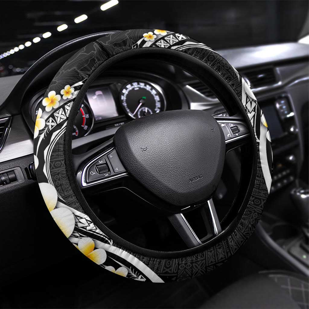 Pacific Hibiscus and Plumeria with Tapa Pattern Steering Wheel Cover Black Color LT03 Universal Fit Black - Polynesian Pride