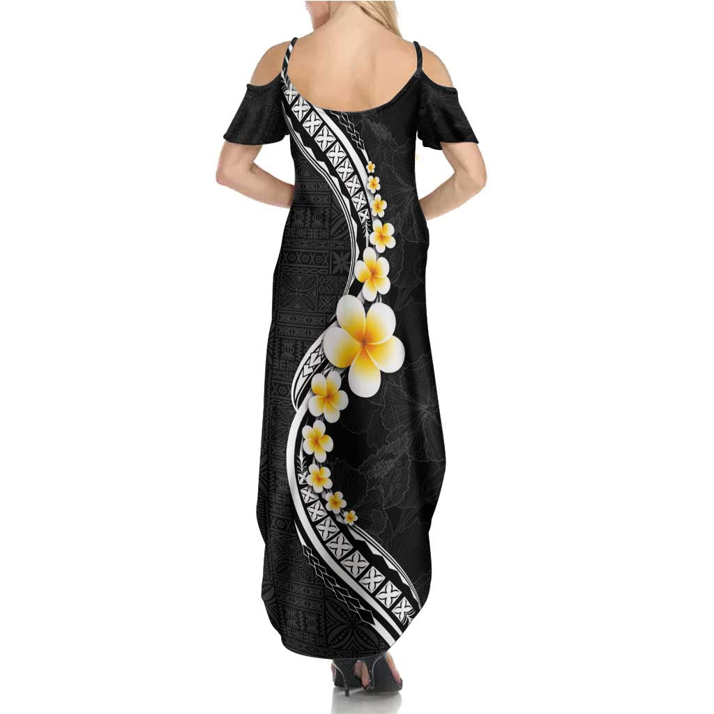 Pacific Hibiscus and Plumeria with Tapa Pattern Summer Maxi Dress Black Color LT03 - Polynesian Pride