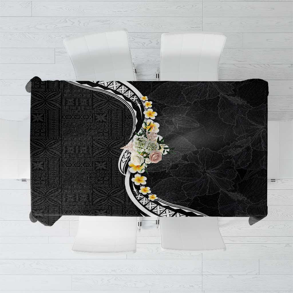 Pacific Hibiscus and Plumeria with Tapa Pattern Tablecloth Black Color LT03 Black - Polynesian Pride
