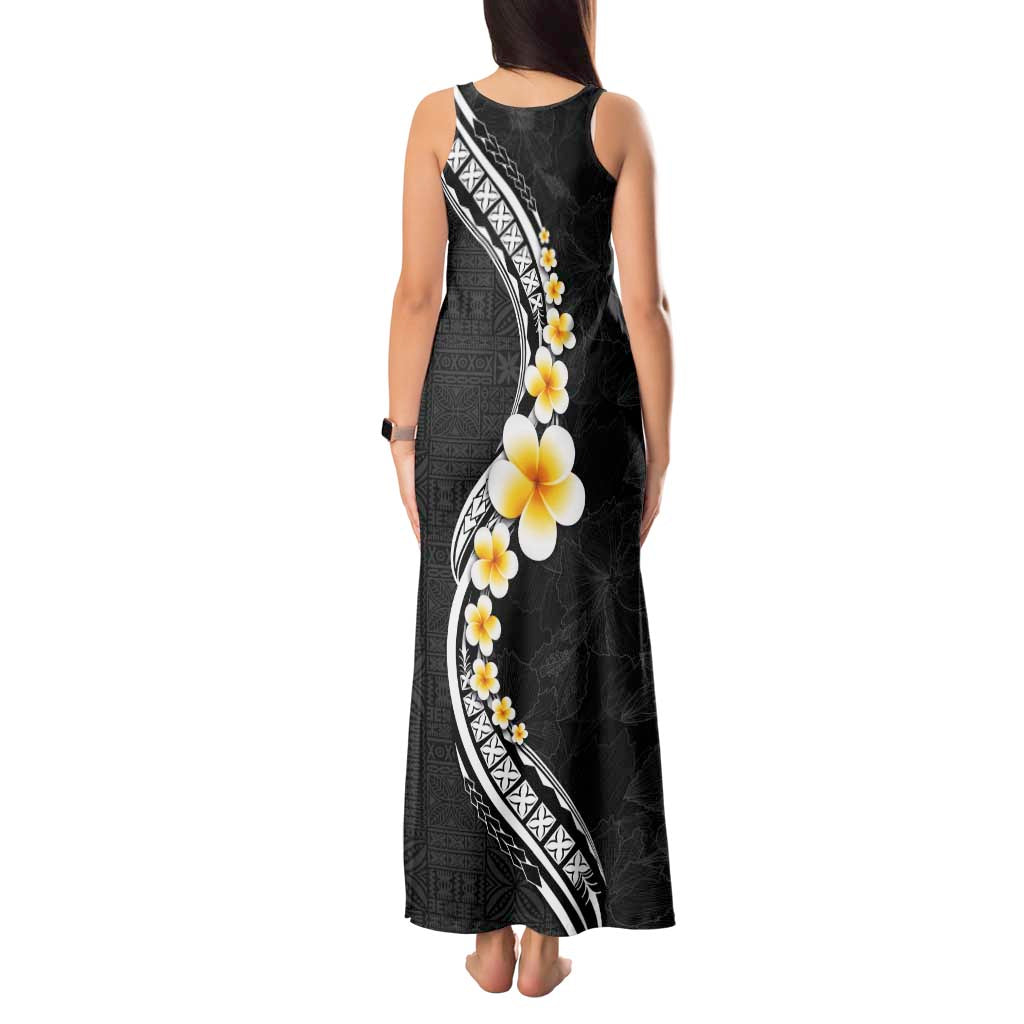 Pacific Hibiscus and Plumeria with Tapa Pattern Tank Maxi Dress Black Color LT03 - Polynesian Pride