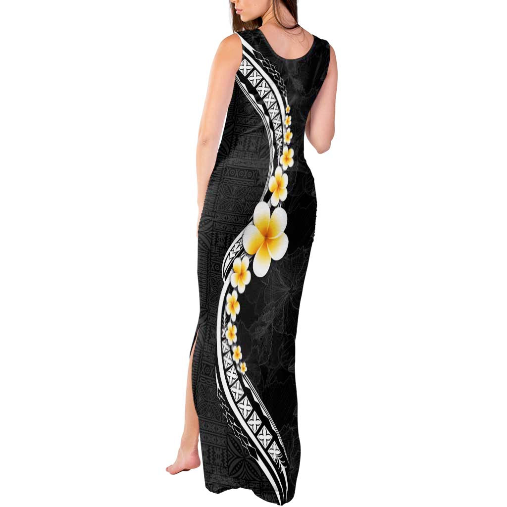 Pacific Hibiscus and Plumeria with Tapa Pattern Tank Maxi Dress Black Color LT03 - Polynesian Pride