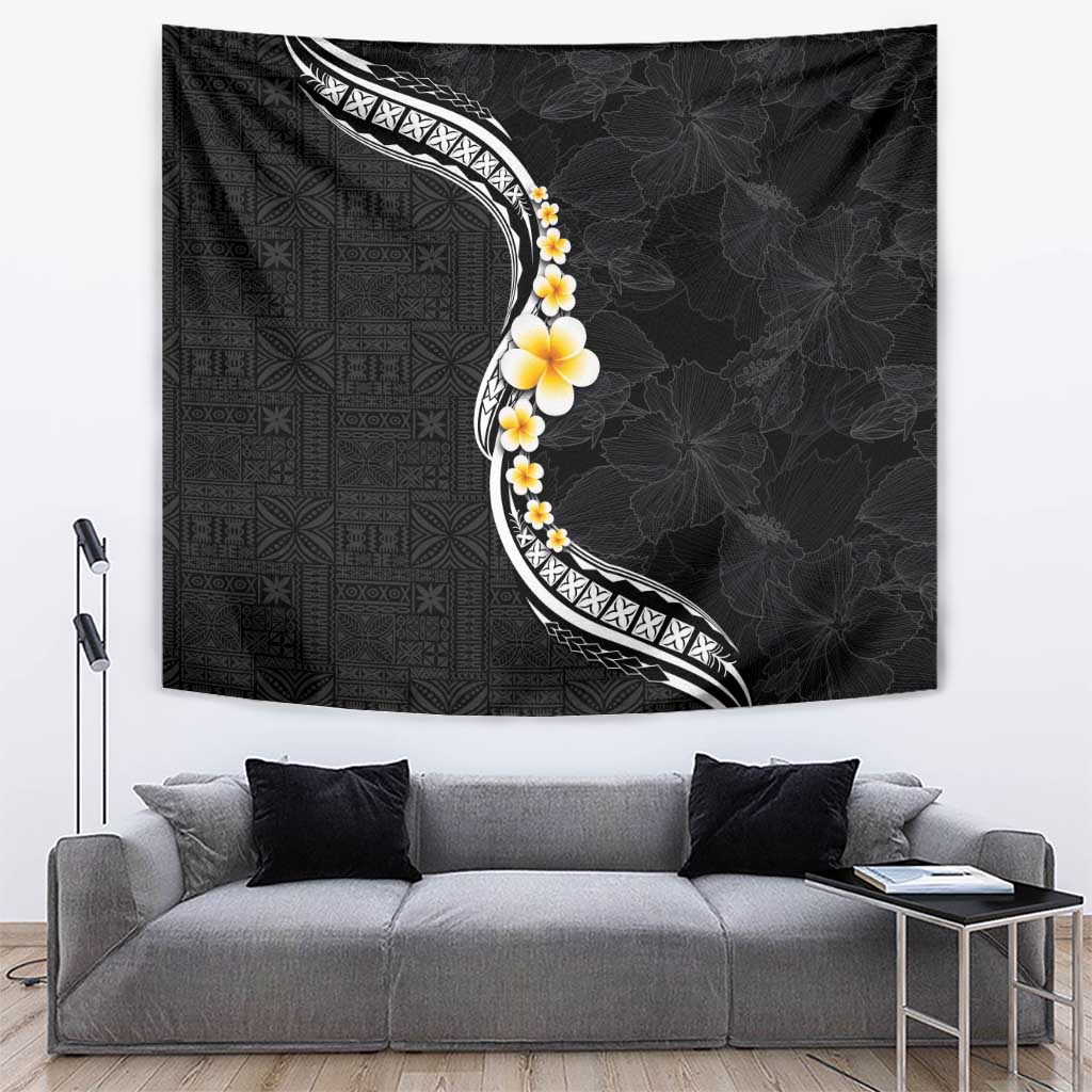 Pacific Hibiscus and Plumeria with Tapa Pattern Tapestry Black Color