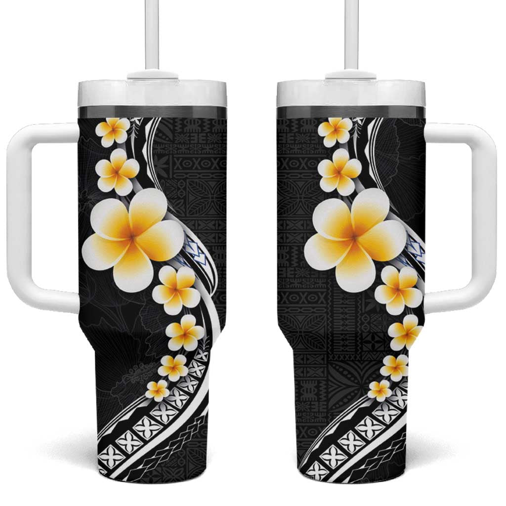 Pacific Hibiscus and Plumeria with Tapa Pattern Tumbler With Handle Black Color LT03 One Size: 40 oz Black - Polynesian Pride