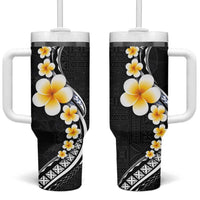 Pacific Hibiscus and Plumeria with Tapa Pattern Tumbler With Handle Black Color LT03 One Size: 40 oz Black - Polynesian Pride