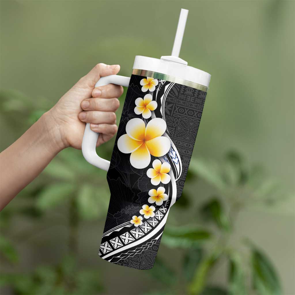 Pacific Hibiscus and Plumeria with Tapa Pattern Tumbler With Handle Black Color LT03 - Polynesian Pride