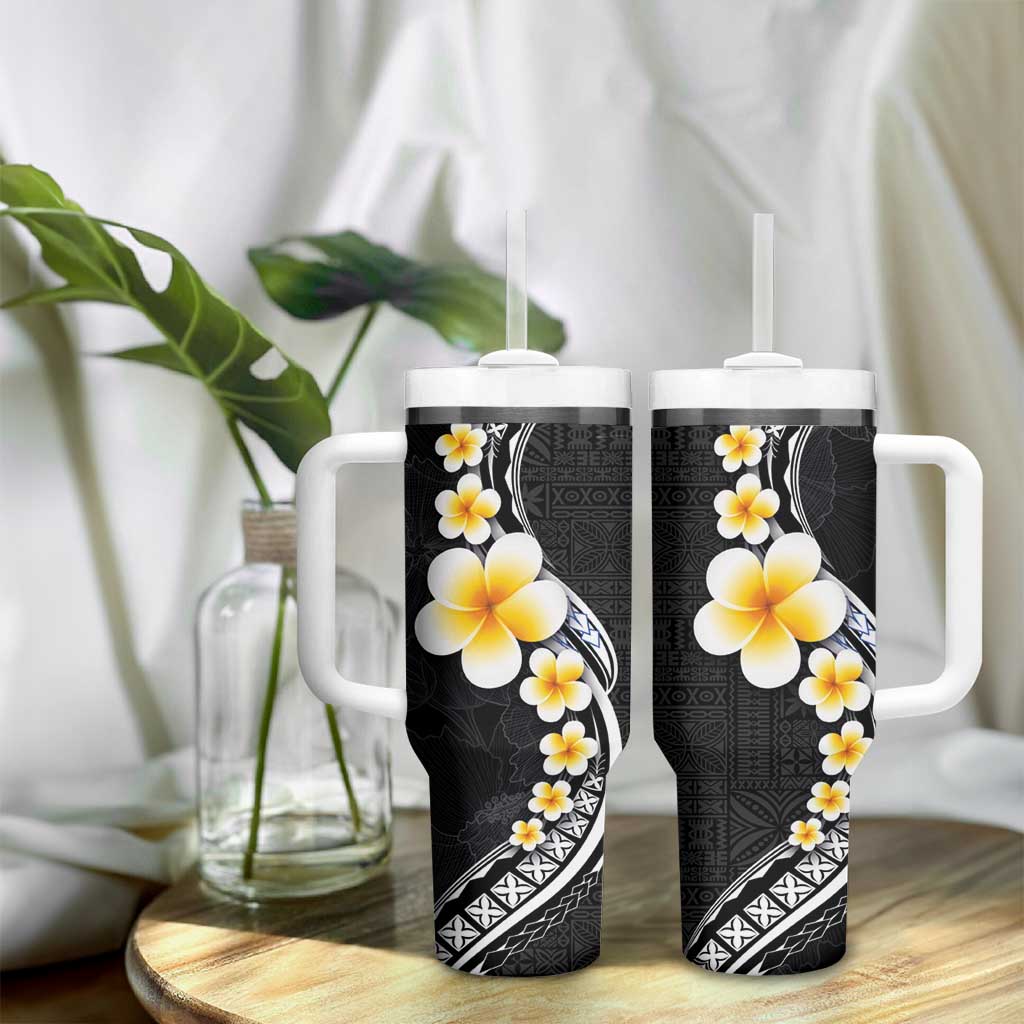 Pacific Hibiscus and Plumeria with Tapa Pattern Tumbler With Handle Black Color LT03 - Polynesian Pride