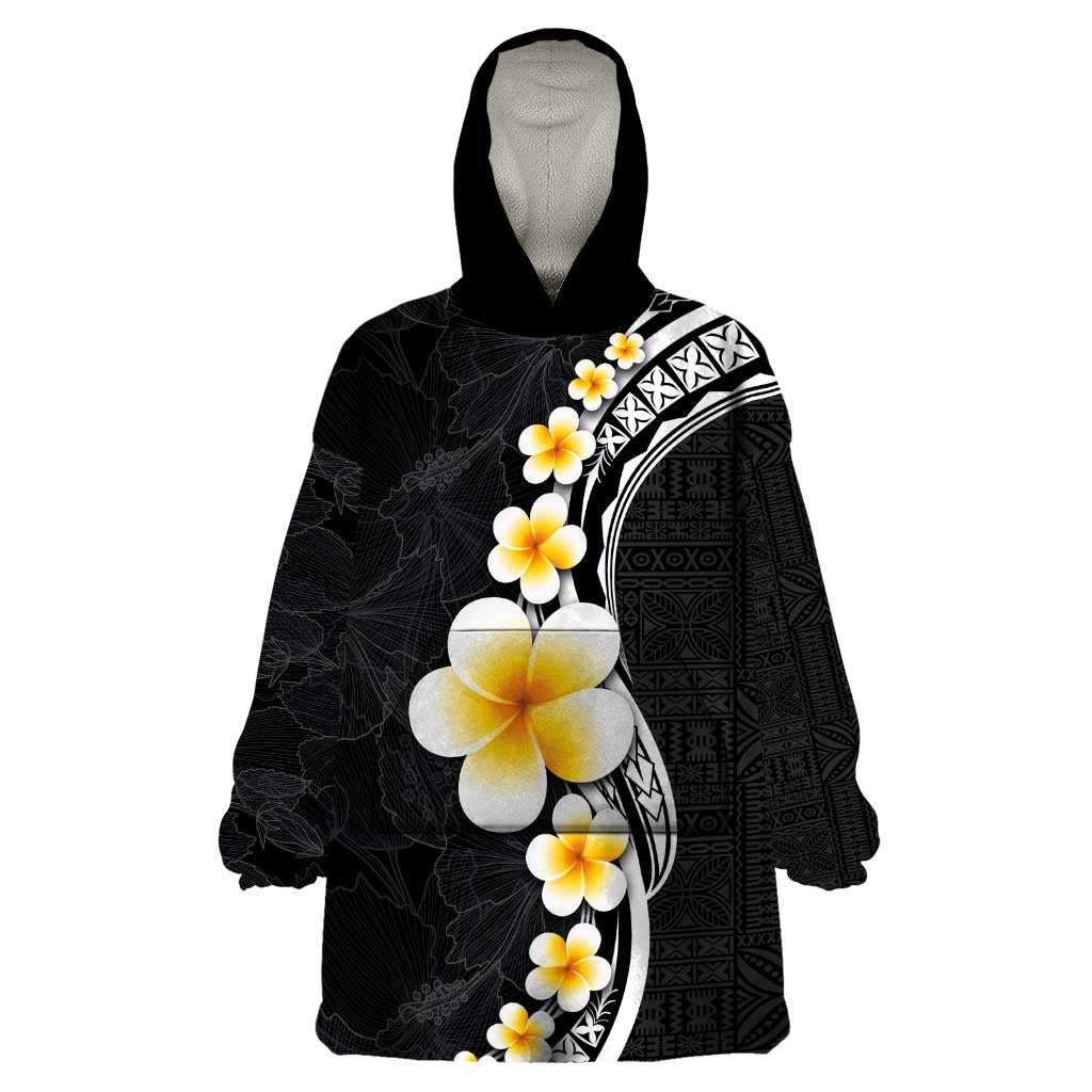 Pacific Hibiscus and Plumeria with Tapa Pattern Wearable Blanket Hoodie Black Color LT03 One Size Black - Polynesian Pride