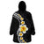 Pacific Hibiscus and Plumeria with Tapa Pattern Wearable Blanket Hoodie Black Color