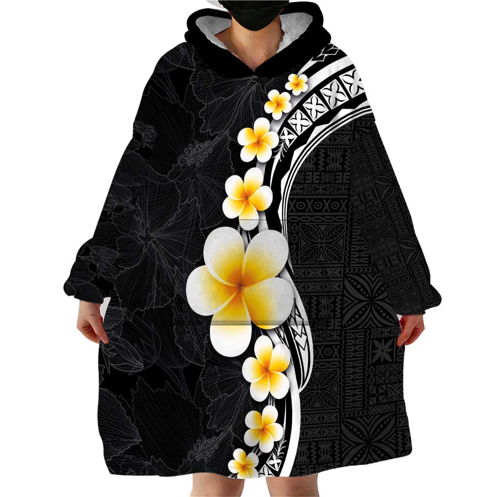 Pacific Hibiscus and Plumeria with Tapa Pattern Wearable Blanket Hoodie Black Color LT03 - Polynesian Pride