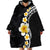 Pacific Hibiscus and Plumeria with Tapa Pattern Wearable Blanket Hoodie Black Color