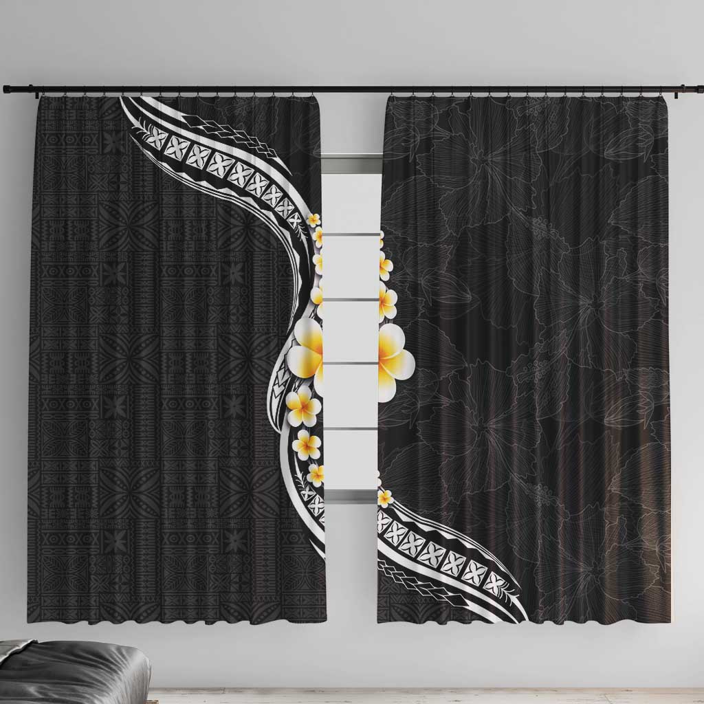 Pacific Hibiscus and Plumeria with Tapa Pattern Window Curtain Black Color