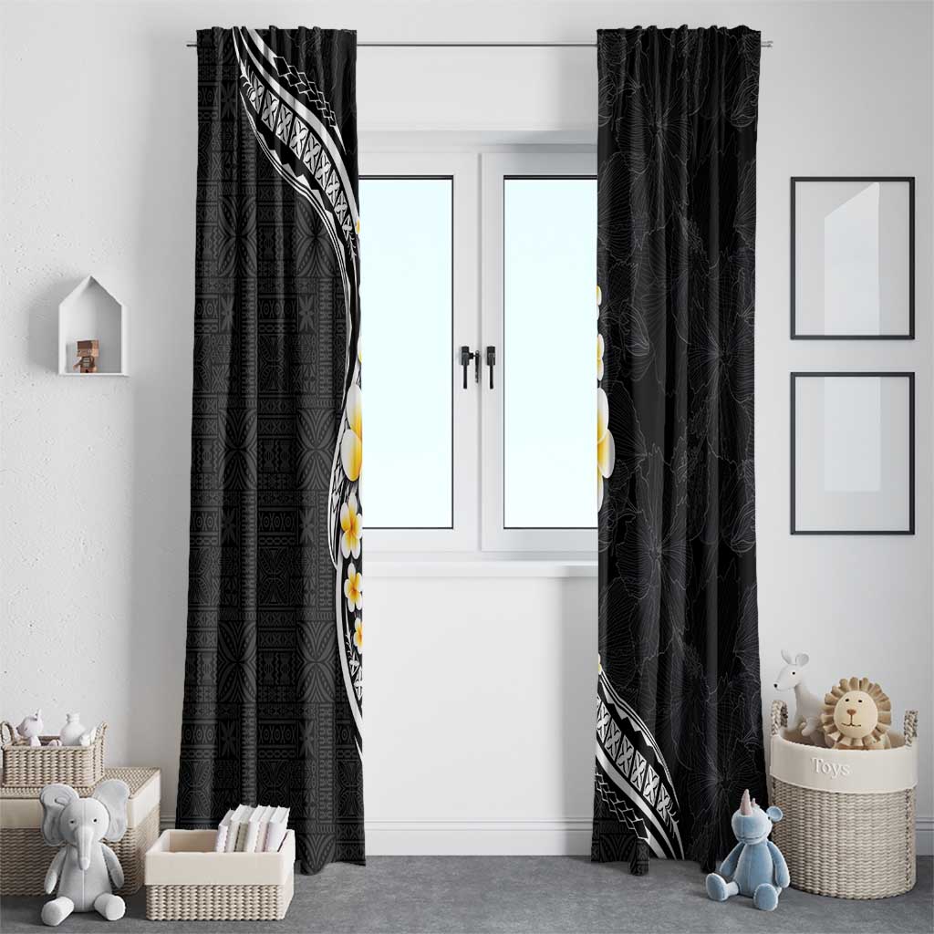 Pacific Hibiscus and Plumeria with Tapa Pattern Window Curtain Black Color LT03 - Polynesian Pride