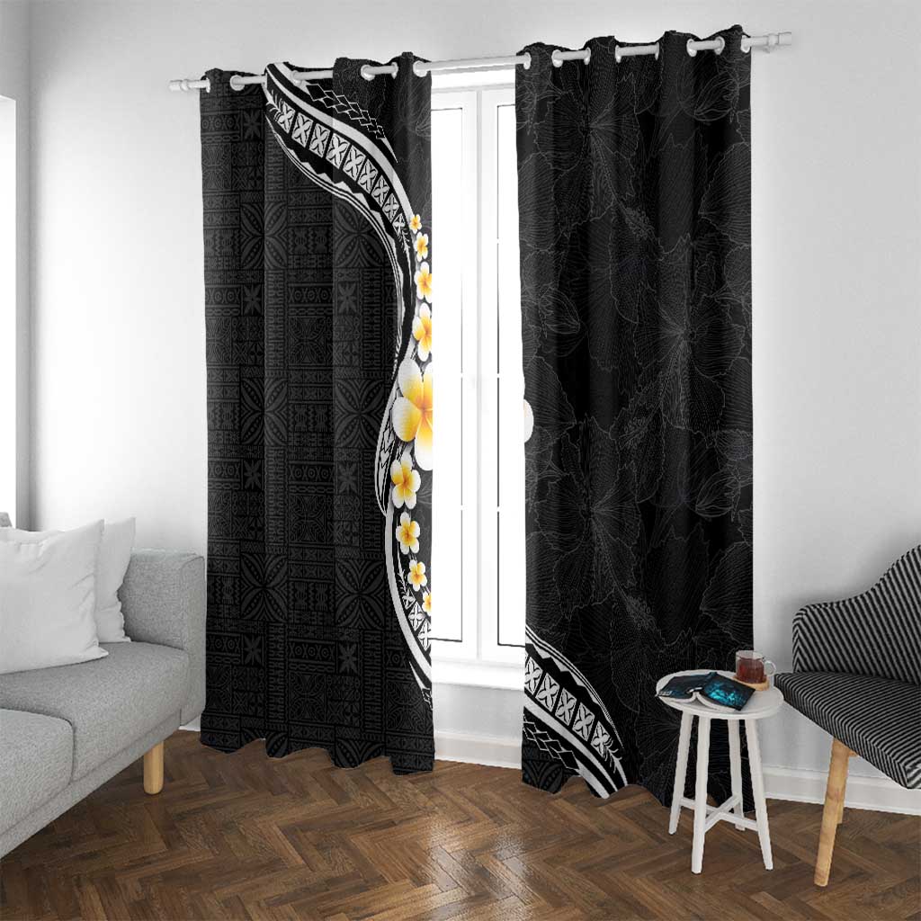 Pacific Hibiscus and Plumeria with Tapa Pattern Window Curtain Black Color LT03 With Grommets Black - Polynesian Pride