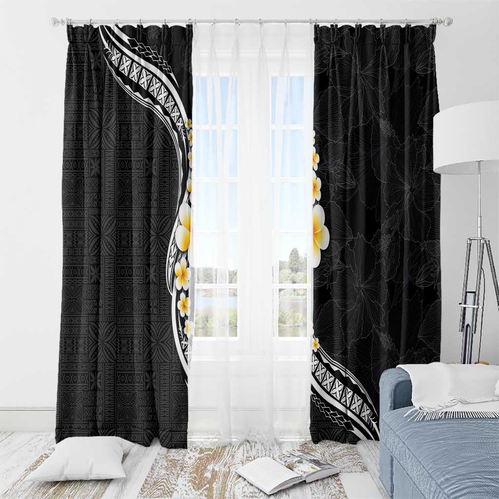 Pacific Hibiscus and Plumeria with Tapa Pattern Window Curtain Black Color LT03 - Polynesian Pride