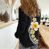 Pacific Hibiscus and Plumeria with Tapa Pattern Women Casual Shirt Black Color