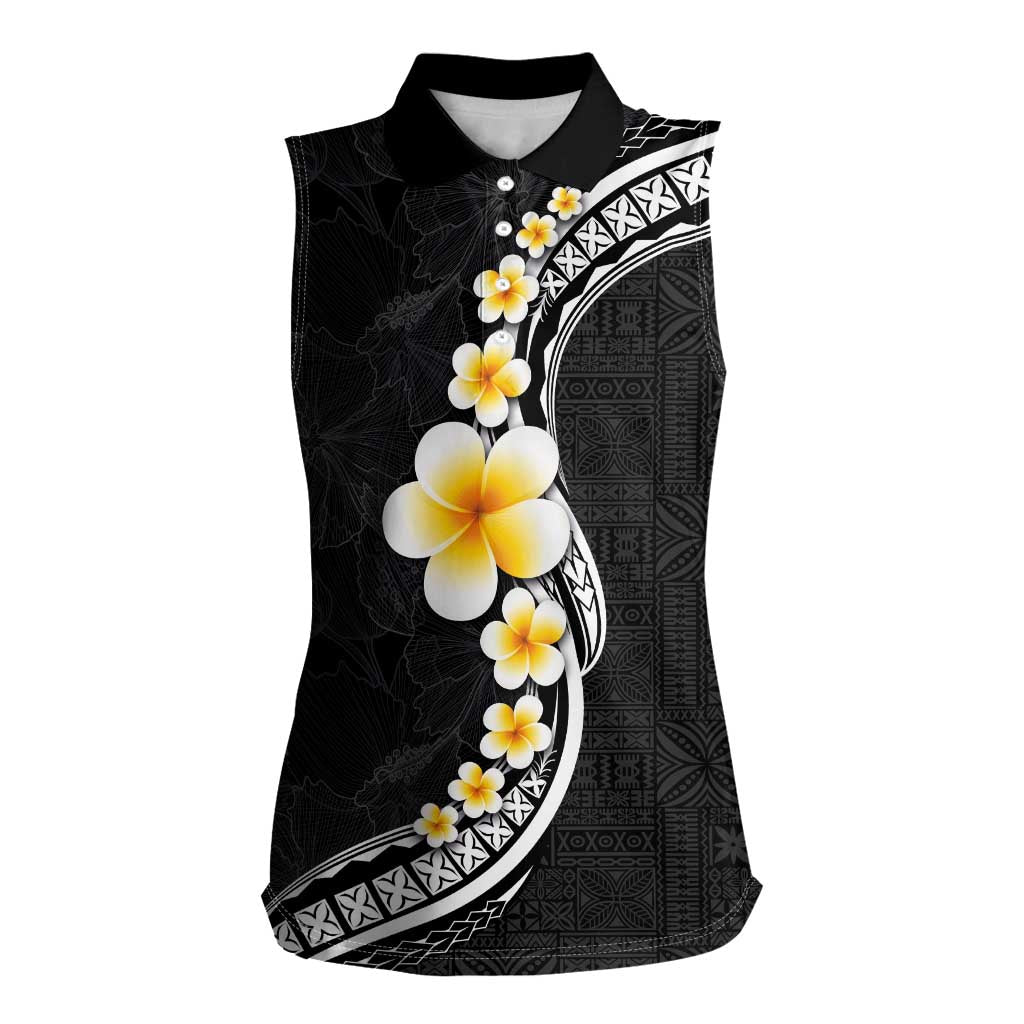Pacific Hibiscus and Plumeria with Tapa Pattern Women Sleeveless Polo Shirt Black Color
