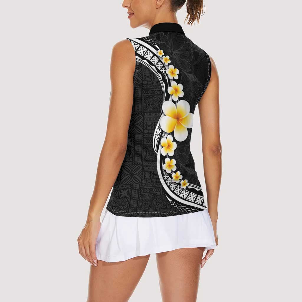 Pacific Hibiscus and Plumeria with Tapa Pattern Women Sleeveless Polo Shirt Black Color