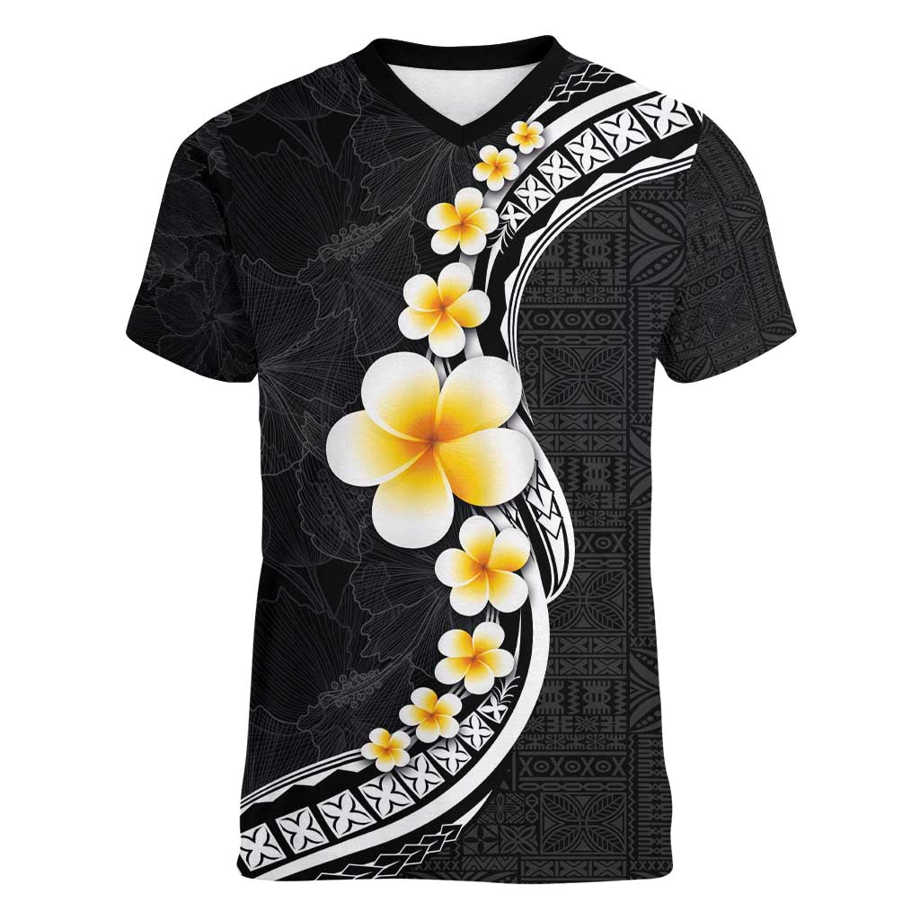 Pacific Hibiscus and Plumeria with Tapa Pattern Women V-Neck T-Shirt Black Color