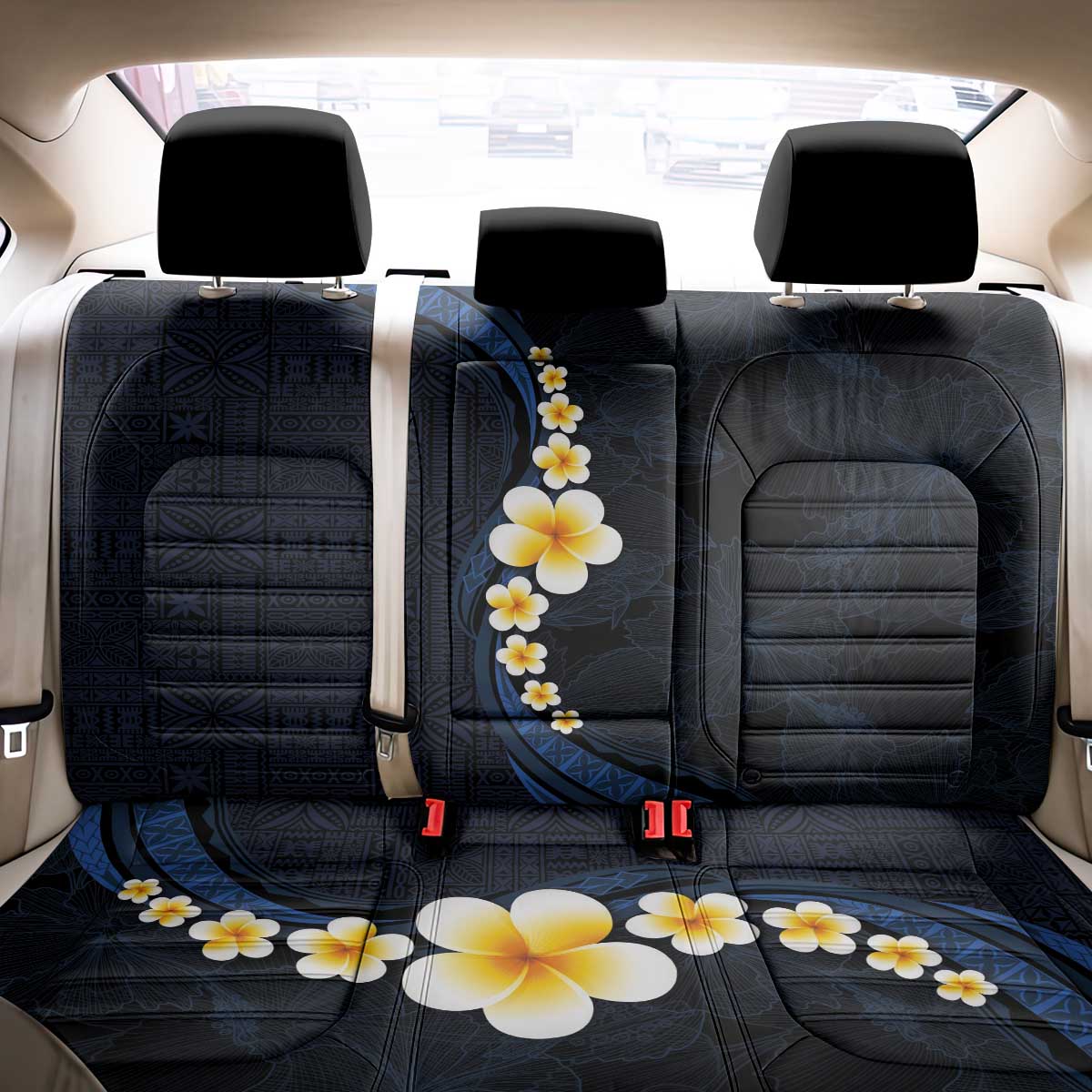 Pacific Hibiscus and Plumeria with Tapa Pattern Back Car Seat Cover Dark Blue Color LT03 - Polynesian Pride