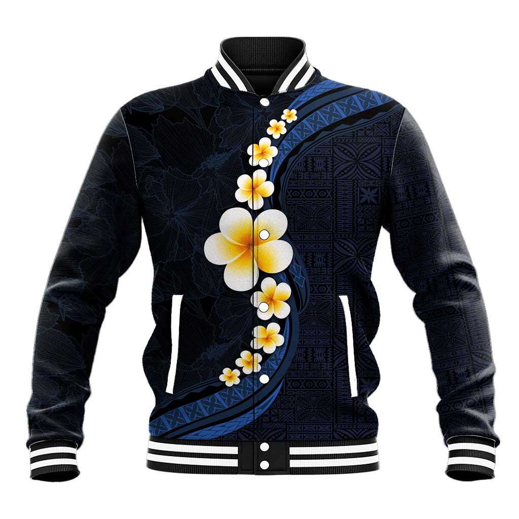 Pacific Hibiscus and Plumeria with Tapa Pattern Baseball Jacket Dark Blue Color