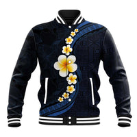 Pacific Hibiscus and Plumeria with Tapa Pattern Baseball Jacket Dark Blue Color