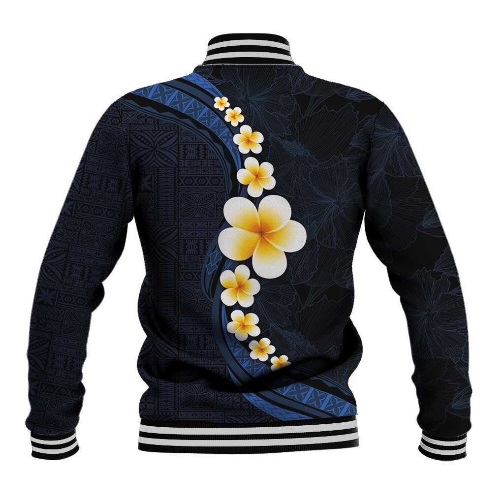 Pacific Hibiscus and Plumeria with Tapa Pattern Baseball Jacket Dark Blue Color