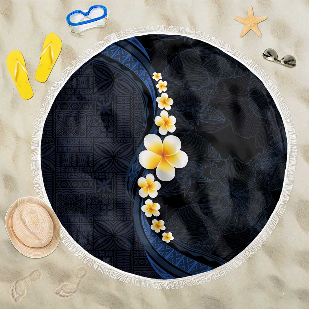 Pacific Hibiscus and Plumeria with Tapa Pattern Beach Blanket Dark Blue Color