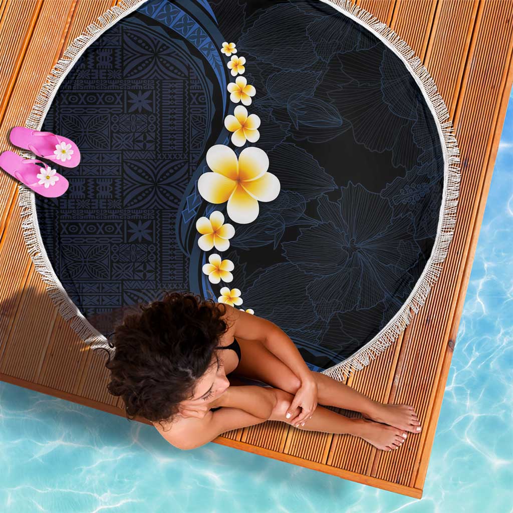 Pacific Hibiscus and Plumeria with Tapa Pattern Beach Blanket Dark Blue Color LT03 - Polynesian Pride