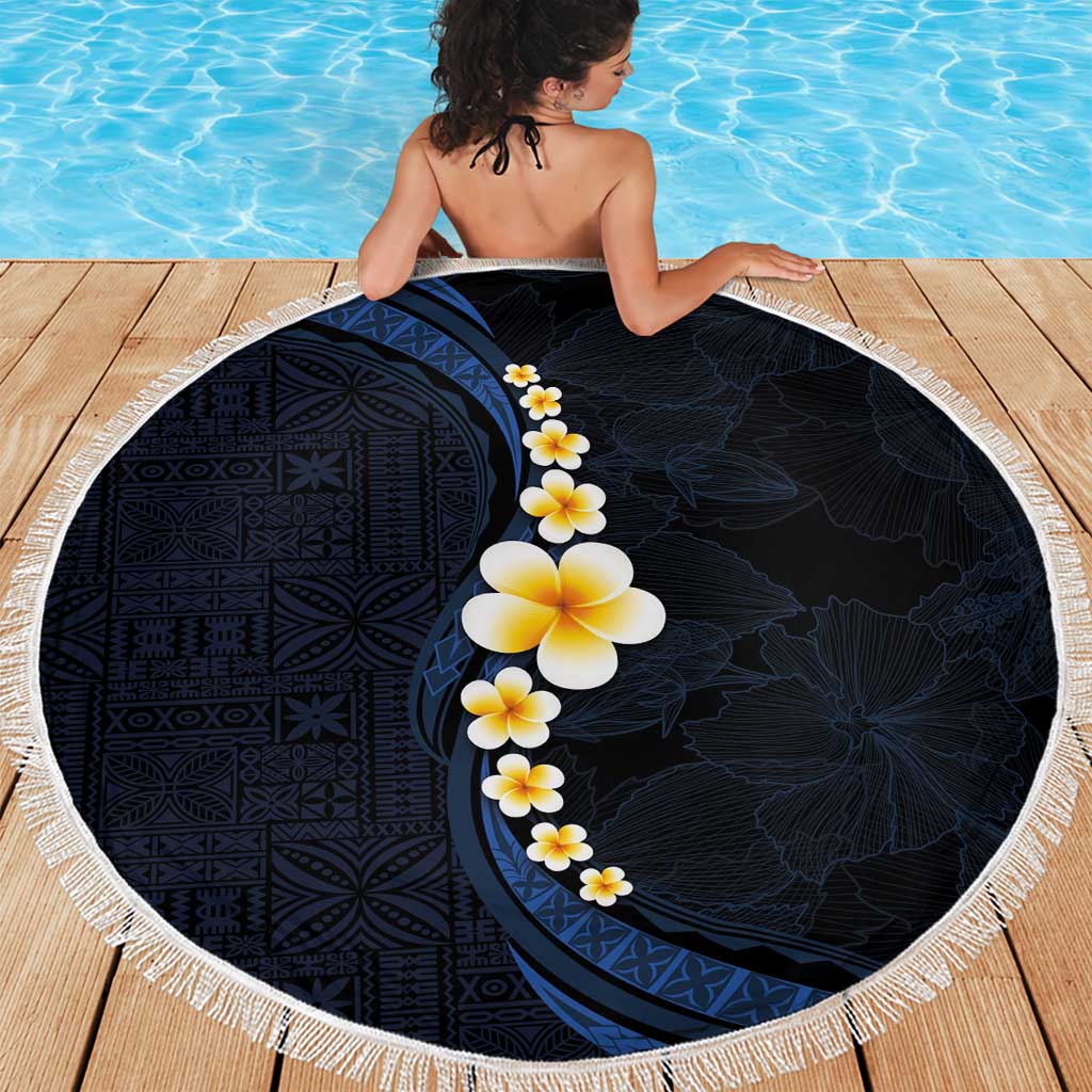 Pacific Hibiscus and Plumeria with Tapa Pattern Beach Blanket Dark Blue Color LT03 - Polynesian Pride
