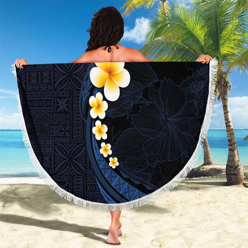 Pacific Hibiscus and Plumeria with Tapa Pattern Beach Blanket Dark Blue Color LT03 - Polynesian Pride