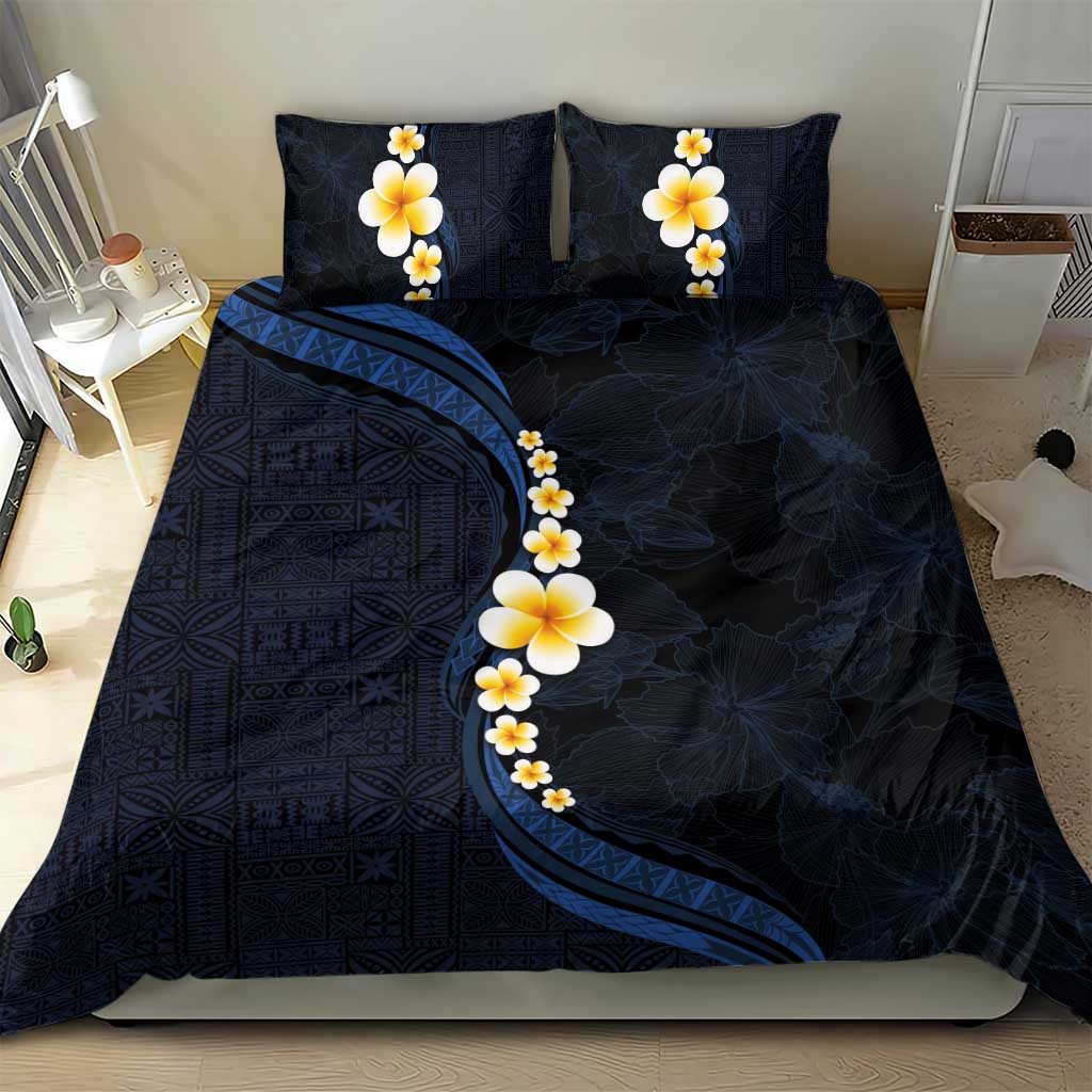 Pacific Hibiscus and Plumeria with Tapa Pattern Bedding Set Dark Blue Color