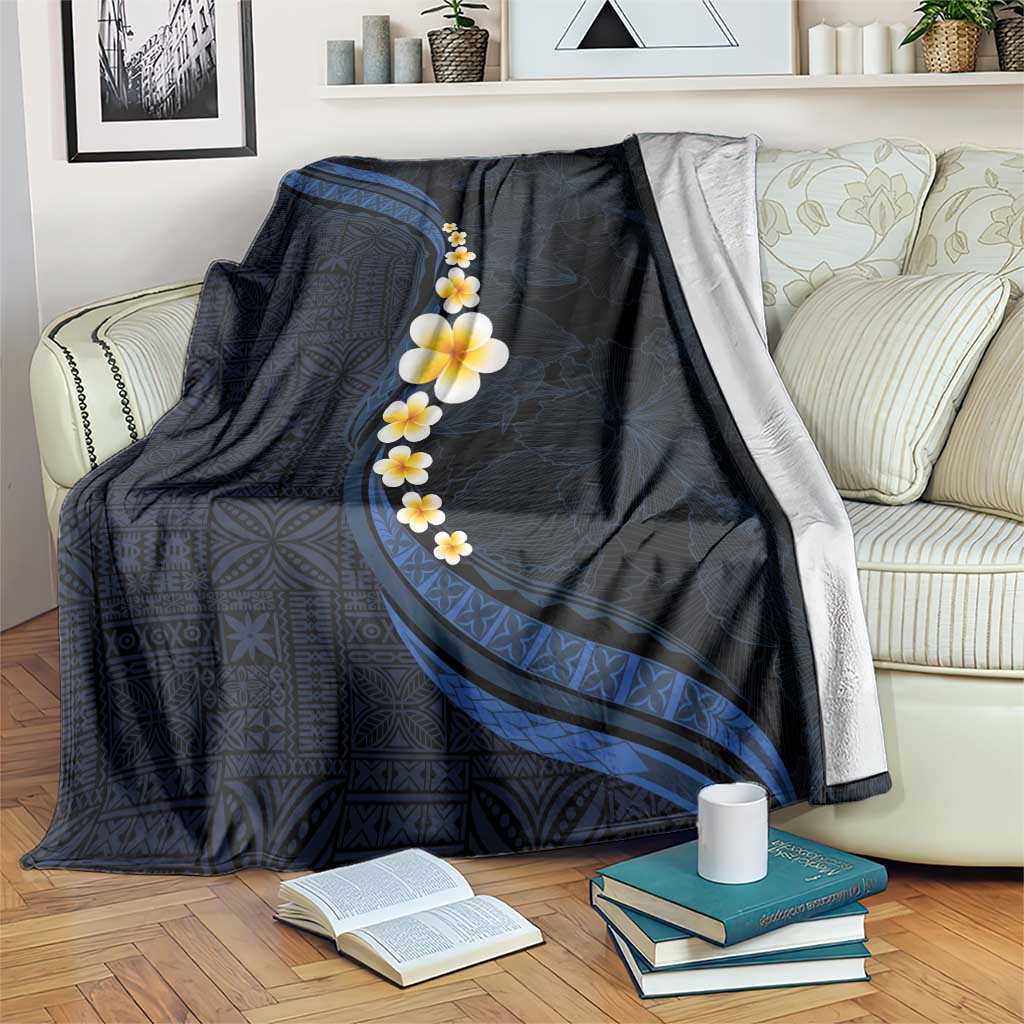 Pacific Hibiscus and Plumeria with Tapa Pattern Blanket Dark Blue Color LT03 Blue - Polynesian Pride