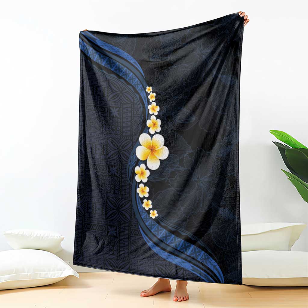 Pacific Hibiscus and Plumeria with Tapa Pattern Blanket Dark Blue Color LT03 - Polynesian Pride