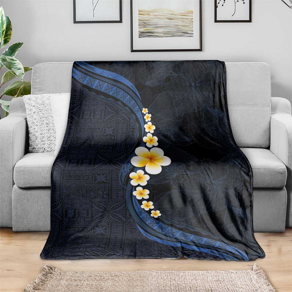 Pacific Hibiscus and Plumeria with Tapa Pattern Blanket Dark Blue Color LT03 - Polynesian Pride