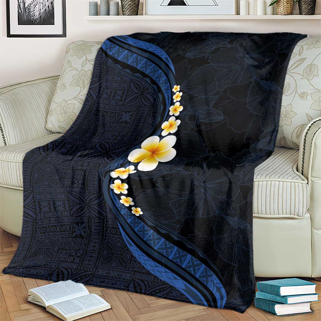 Pacific Hibiscus and Plumeria with Tapa Pattern Blanket Dark Blue Color LT03 - Polynesian Pride