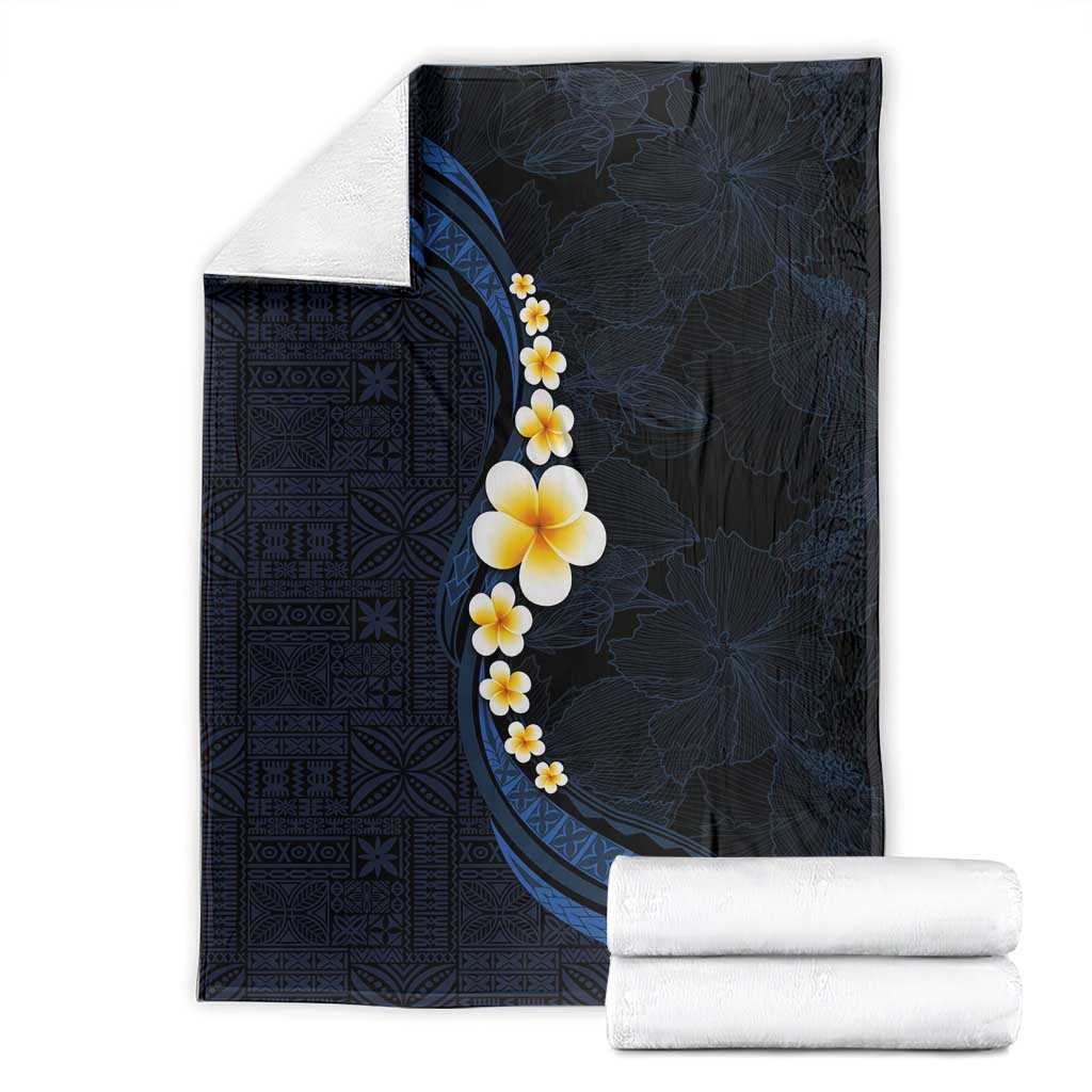 Pacific Hibiscus and Plumeria with Tapa Pattern Blanket Dark Blue Color LT03 - Polynesian Pride