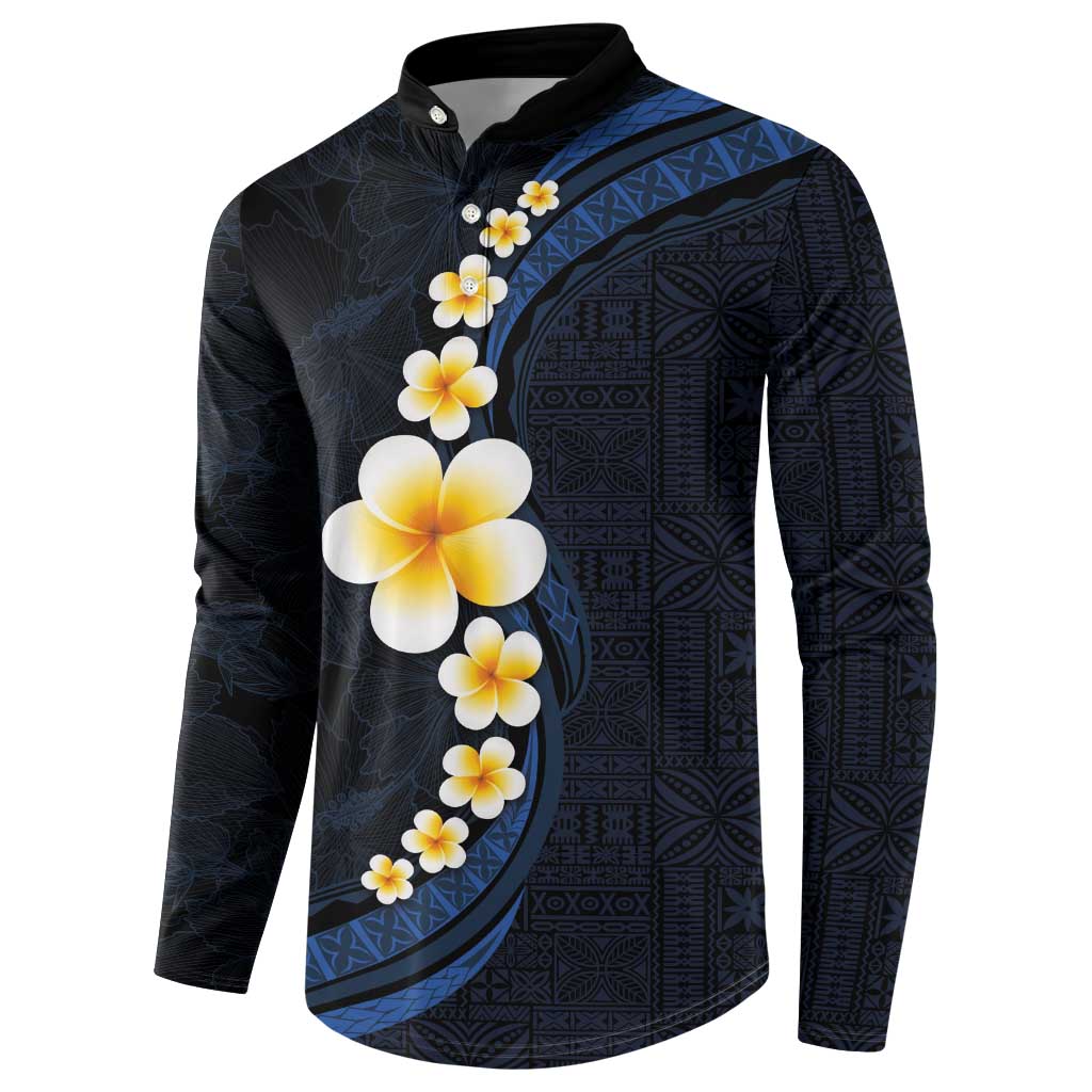 Pacific Hibiscus and Plumeria with Tapa Pattern Button Sweatshirt Dark Blue Color LT03 - Polynesian Pride