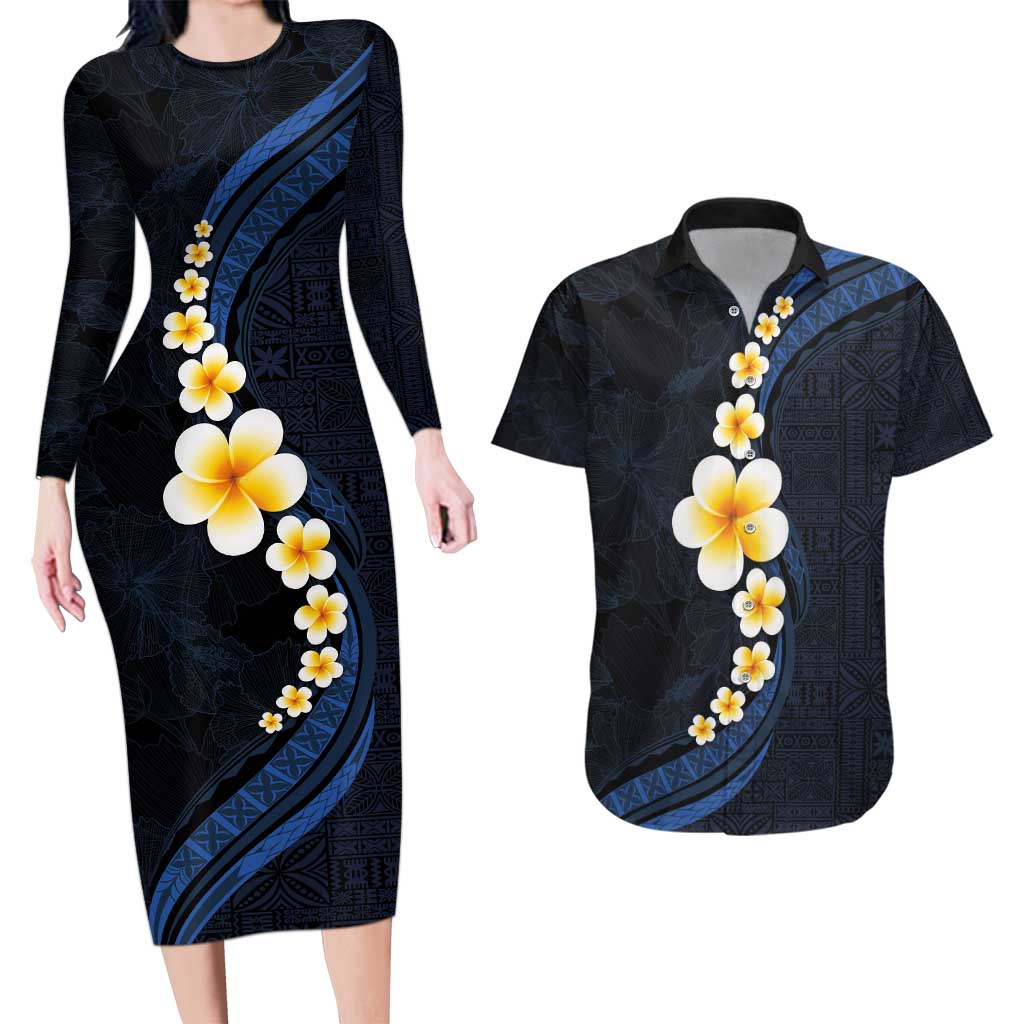 Pacific Hibiscus and Plumeria with Tapa Pattern Couples Matching Long Sleeve Bodycon Dress and Hawaiian Shirt Dark Blue Color